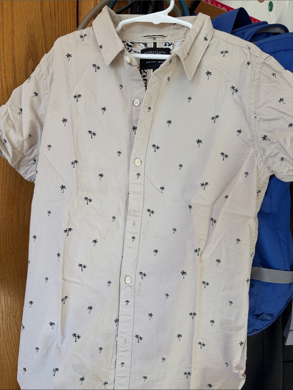 Denim & Flower Beige Button-Down Shirt with Black Palm Print